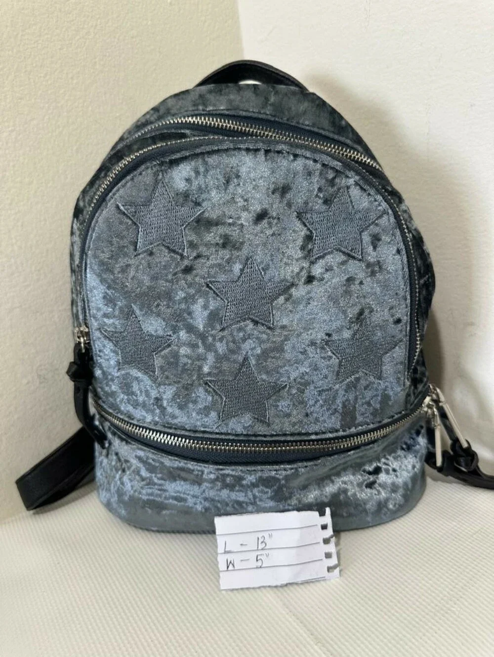 Fashionable Velvet Star Mini Backpack Grey Faux Leather Trim